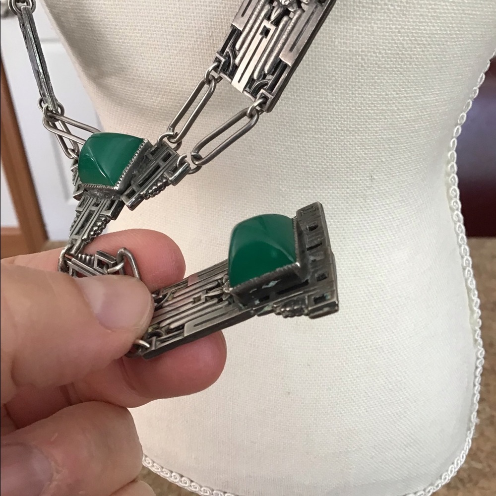 Antique Art Deco Sterling Chrysoprase Necklace - Picture 3 of 11